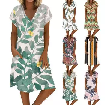 Женское летнее платье из хлопка и льна с V-образным вырезом и короткими рукавами L красный