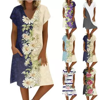 Женское летнее платье из хлопка и льна с V-образным вырезом и короткими рукавами M
