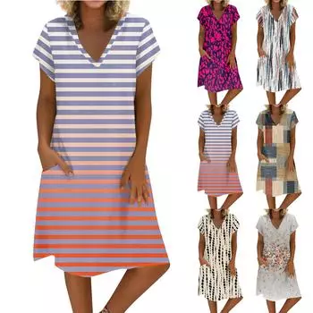 Женское летнее платье из хлопка и льна с V-образным вырезом и короткими рукавами S розовый