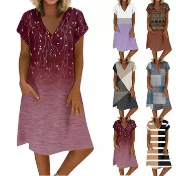 Женское летнее платье из хлопка и льна с V-образным вырезом и короткими рукавами XL