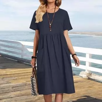 Женское летнее платье из хлопка и льна с круглым вырезом, коротким рукавом, платье миди, свободное повседневное пляжное струящееся платье с карманами L кофейный