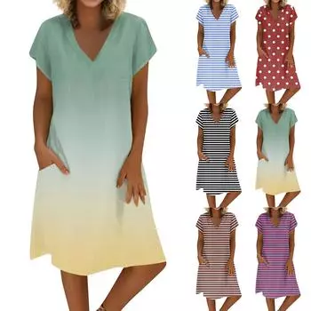 Женское летнее платье из хлопка и льна с V-образным вырезом и короткими рукавами L