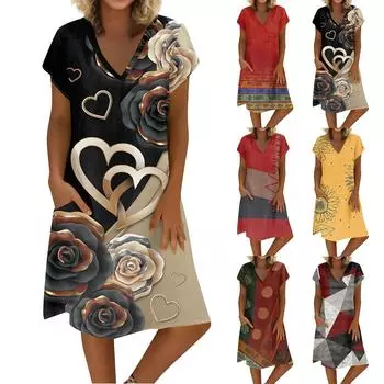 Женское летнее платье из хлопка и льна с V-образным вырезом и короткими рукавами L