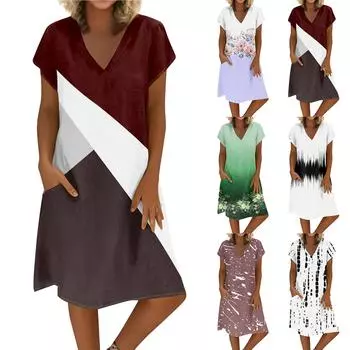 Женское летнее платье из хлопка и льна с V-образным вырезом и короткими рукавами XL