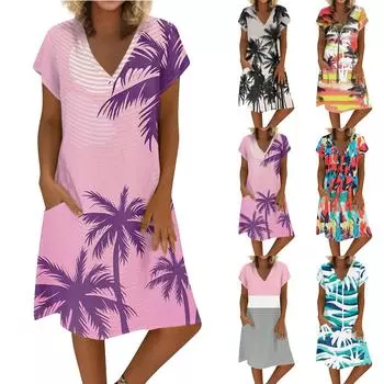 Женское летнее платье из хлопка и льна с V-образным вырезом и короткими рукавами XXL розовый