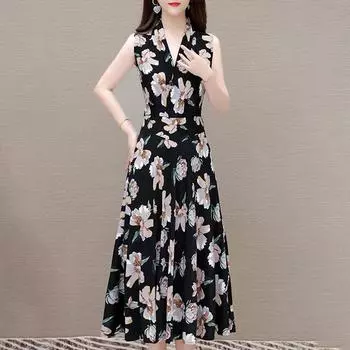 Женское летнее платье Элегантное узкое длинное платье с V-образным вырезом Женская винтажная одежда L чёрный