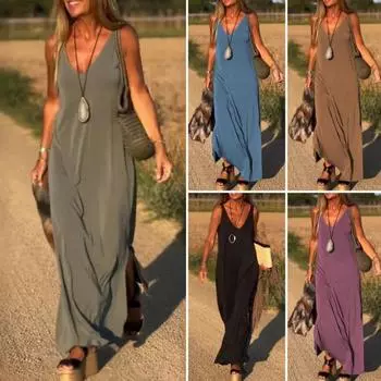 Женское летнее платье-комбинация без рукавов, повседневное платье макси с V-образным вырезом и разрезом, свободный пляжный сарафан, дорожный наряд M фиолетовый