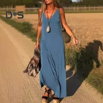 Женское летнее платье-комбинация без рукавов, повседневное платье макси с V-образным вырезом и разрезом, свободный пляжный сарафан, наряд для путешествий и отпуска M синий