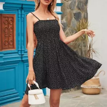 Женское летнее платье-комбинация миди с принтом в горошек А-силуэта L чёрный