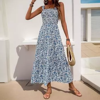 Женское летнее платье-комбинация с принтом, милое платье с открытой спиной и цветочным принтом S зелёный