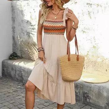 Женское летнее платье-комбинация в этническом стиле, лоскутное платье со шнуровкой S абрикосовый