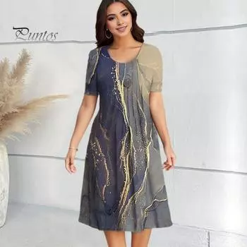 Женское летнее платье контрастного цвета с принтом трапециевидной формы с короткими рукавами и круглым вырезом, свободное мягкое дышащее пуловер больших размеров, платье миди длиной до колена XL серый