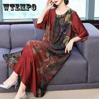 Женское летнее платье L-XXXXXL в китайском стиле для среднего возраста с рукавом 3/4 и круглым вырезом с принтом длиной до икры Повседневная одежда Домашняя одежда XXXXXL красный