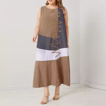 Женское летнее платье-майка без рукавов с круглым вырезом в стиле пэчворк S оранжевый