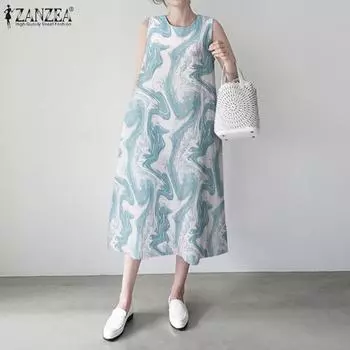 Женское летнее платье-майка без рукавов с принтом ZANZEA 5XL розовый