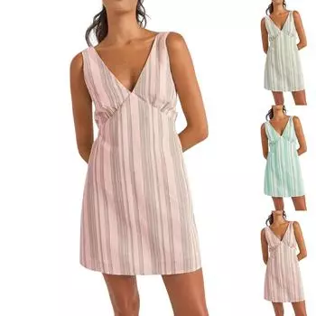 Женское летнее платье-майка без рукавов с V-образным вырезом, льняные платья, завязывающееся сзади, платье-майка с завязками на талии L чёрный