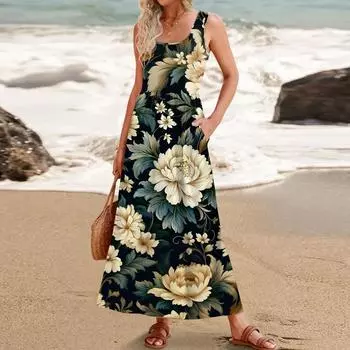 Женское летнее платье макси 2024, повседневное платье без рукавов с цветочным принтом и квадратным вырезом, струящиеся длинные пляжные элегантные сарафаны на бретелях с карманами L чёрный