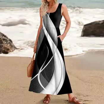 Женское летнее платье макси 2024, повседневное платье без рукавов с цветочным принтом и квадратным вырезом, струящиеся длинные пляжные элегантные сарафаны на бретелях с карманами S чёрный