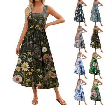 Женское летнее платье макси 2024, повседневное платье без рукавов с цветочным принтом и квадратным вырезом, струящиеся длинные пляжные элегантные сарафаны на бретелях с карманами L