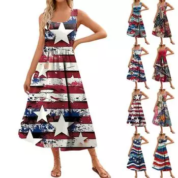 Женское летнее платье макси 2024, повседневное платье с принтом без рукавов и квадратным вырезом, струящиеся длинные пляжные элегантные сарафаны на бретелях с карманами XXL синий