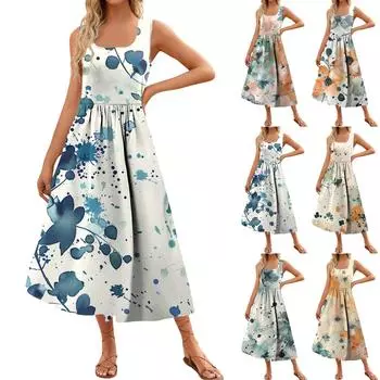 Женское летнее платье макси 2024, повседневное платье без рукавов с цветочным принтом и квадратным вырезом, струящиеся длинные пляжные элегантные сарафаны на бретелях с карманами L синий