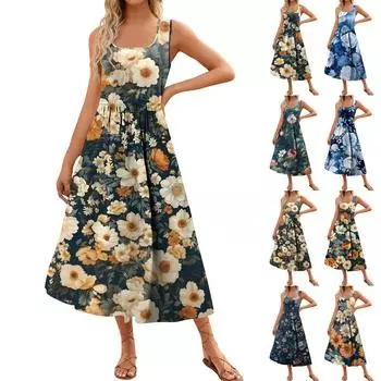 Женское летнее платье макси 2024, повседневное платье без рукавов с цветочным принтом и квадратным вырезом, струящиеся длинные пляжные элегантные сарафаны на бретелях с карманами L бежевый