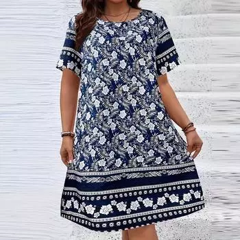 Женское летнее платье макси 2025 года с цветочным принтом, V-образным вырезом, короткими рукавами, оборками, длинные платья для пляжного отдыха XXL темно-синий
