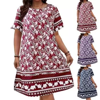 Женское летнее платье макси 2025 года с цветочным принтом, V-образным вырезом, короткими рукавами, оборками, длинные платья для пляжного отдыха XXL темно-синий