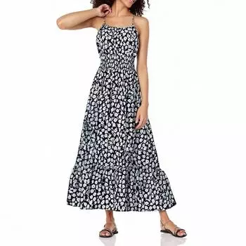 Женское летнее платье макси без рукавов с цветочным принтом на тонких бретельках, пляжное длинное платье в стиле бохо, пляжная одежда для отпуска L чёрный