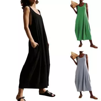 Женское летнее платье-макси без рукавов, повседневное платье-трапеция с круглым вырезом, длинное пляжное платье-майка M чёрный