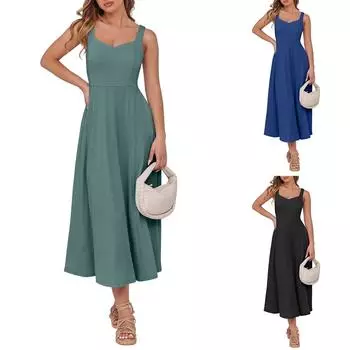 Женское летнее платье-макси без рукавов, повседневное платье-трапеция с круглым вырезом, длинное пляжное платье-майка M армия зеленый