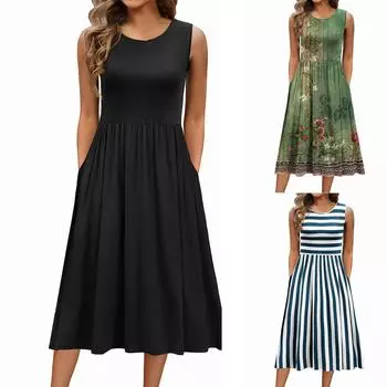 Женское летнее платье-макси без рукавов, повседневное платье-трапеция с круглым вырезом, длинное пляжное платье-майка M чёрный
