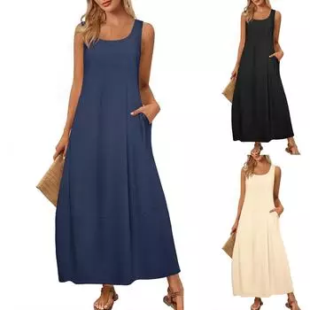 Женское летнее платье-макси без рукавов, повседневное платье-трапеция с круглым вырезом, длинное пляжное платье-майка M бежевый