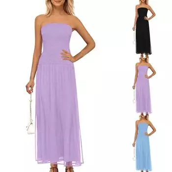 Женское летнее платье-макси без рукавов, повседневное платье-трапеция с круглым вырезом, длинное пляжное платье-майка M чёрный