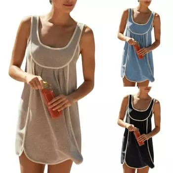 Женское летнее платье-макси без рукавов, повседневное платье-трапеция с круглым вырезом, длинное пляжное платье-майка S