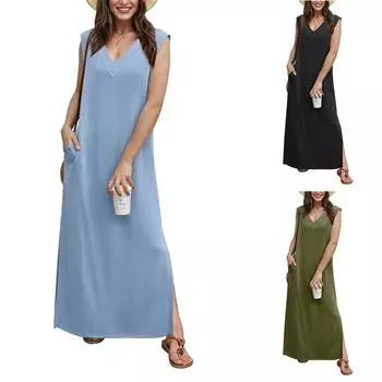 Женское летнее платье-макси без рукавов, повседневное платье-трапеция с круглым вырезом, длинное пляжное платье-майка S