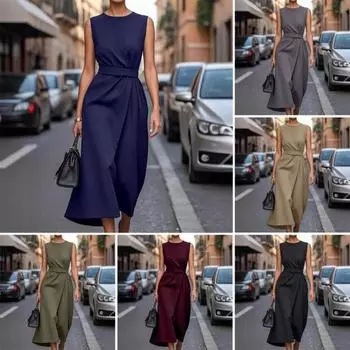 Женское летнее платье макси без рукавов, платье-майка с круглым вырезом и складками, повседневное деловое рабочее платье миди S чёрный