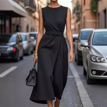 Женское летнее платье макси без рукавов, платье-майка с круглым вырезом и складками, повседневное деловое рабочее платье миди S чёрный