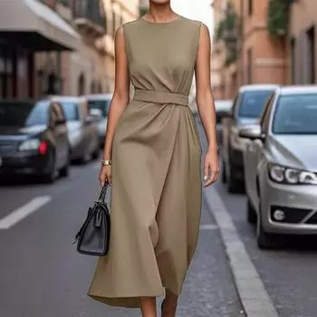 Женское летнее платье макси без рукавов, платье-майка с круглым вырезом и складками, повседневное деловое рабочее платье миди M чёрный