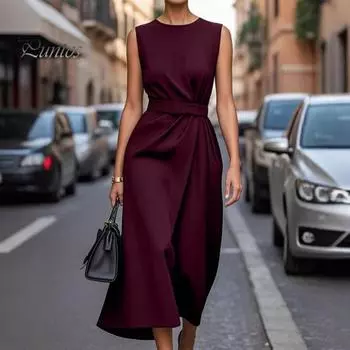 Женское летнее платье макси без рукавов, платье-майка с круглым вырезом и складками, повседневное деловое рабочее платье миди S хаки