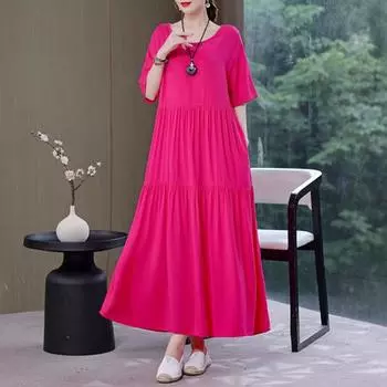 Женское летнее платье макси, плиссированное свободное подол, однотонное, с короткими рукавами, круглым вырезом до щиколотки, мягкое лоскутное женское платье XL