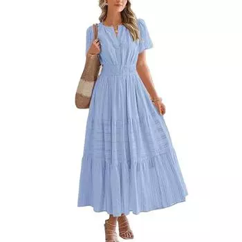 Женское летнее платье макси, повседневное платье с V-образным вырезом, коротким рукавом, многослойное струящееся платье, присборенная талия, плиссированное длинное платье XXL синий