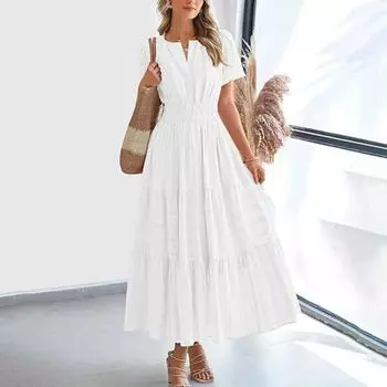 Женское летнее платье макси, повседневное платье с V-образным вырезом, коротким рукавом, многослойное струящееся платье, присборенная талия, плиссированное длинное платье XXL чёрный