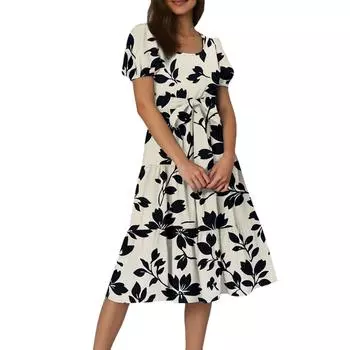 Женское летнее платье макси с цветочным принтом, короткими рукавами, поясом и поясом в стиле бохо, струящееся, многослойное, с карманами M тёмно-синий