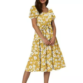 Женское летнее платье макси с цветочным принтом, короткими рукавами, поясом и поясом в стиле бохо, струящееся, многослойное, с карманами S жёлтый