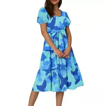 Женское летнее платье макси с цветочным принтом, короткими рукавами, поясом и поясом в стиле бохо, струящееся, многослойное, с карманами M