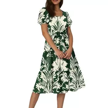 Женское летнее платье макси с цветочным принтом, короткими рукавами, поясом и поясом в стиле бохо, струящееся, многослойное, с карманами M