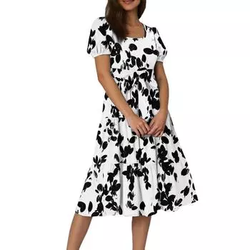 Женское летнее платье макси с цветочным принтом, короткими рукавами, поясом и поясом в стиле бохо, струящееся, многослойное, с карманами L чёрный