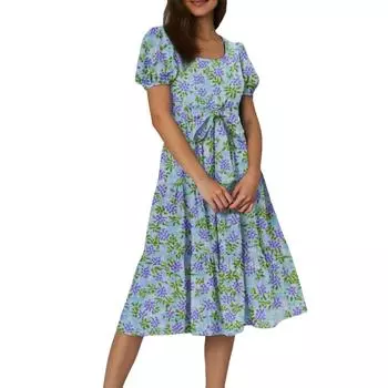 Женское летнее платье макси с цветочным принтом, короткими рукавами, поясом и поясом в стиле бохо, струящееся, многослойное, с карманами M