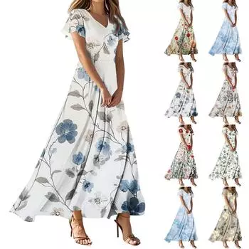 Женское летнее платье макси с цветочным принтом и V-образным вырезом, короткими рукавами, струящееся платье макси А-силуэта в стиле бохо для отдыха на пляже XL синий